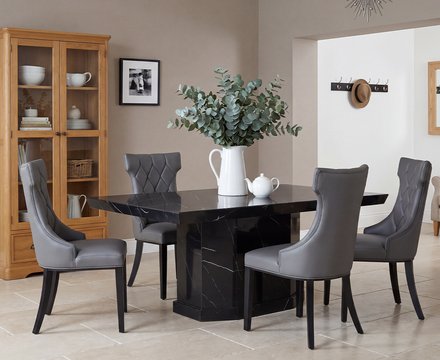 Carvelle 160cm black pedestal marble table with 4 grey sophia chairs