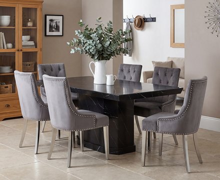 Carvelle 160cm black pedestal marble table with 6 grey sienna chairs