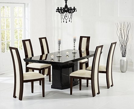 Carvelle 160cm black pedestal marble table with 8 brown novara chairs