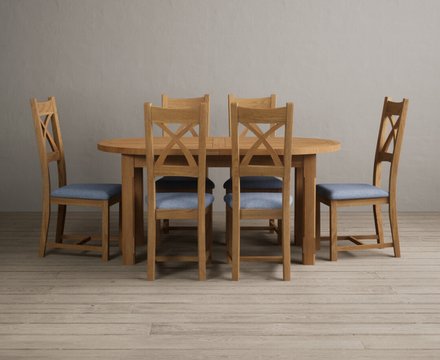 Extending caversham oak oval dining table with 6 blue natural solid oak chairs