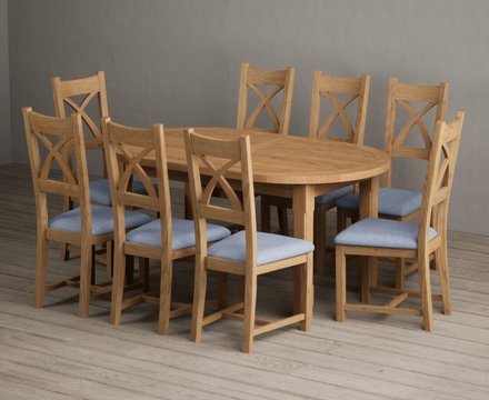 Extending caversham oak oval dining table with 8 blue natural solid oak chairs