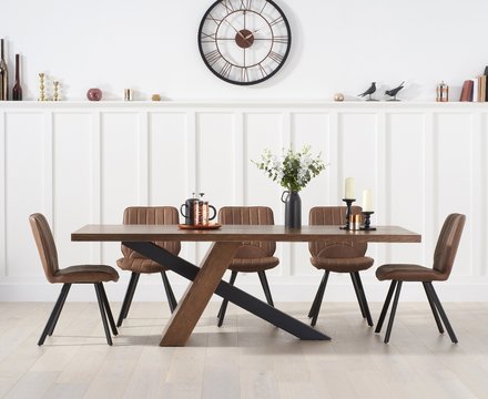 Michigan 180cm black leg industrial dining table with 6 brown hendrick chairs