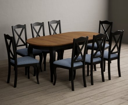 Extending chateau noir 140cm oak and black painted oval dining table with 8 blue chateau noir chairs