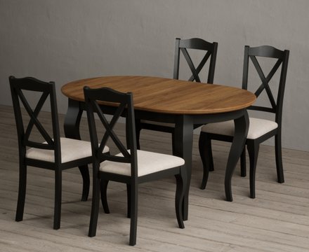 Extending chateau noir 140cm oak and black painted oval dining table with 4 linen chateau noir chairs