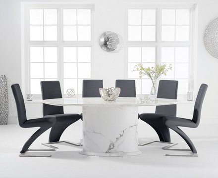 Colby 200cm oval white marble dining table with 6 grey aldo chairs