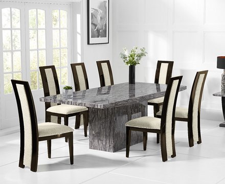 Crema 180cm grey marble dining table with 6 brown novara chairs