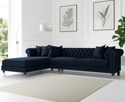Chiswick extra large blue velvet left facing chesterfield corner chaise sofa