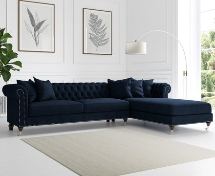 Chiswick extra large blue velvet right facing chesterfield corner chaise sofa