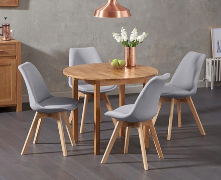 Extending york 90cm solid oak drop leaf dining table with 2 light grey orson chairs