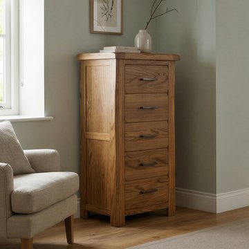 Rustic solid oak 5 drawer tallboy | dovetail drawers