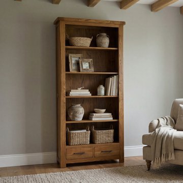 Rustic solid oak tall bookcase | 5 shelves & 2 dovetail drawers