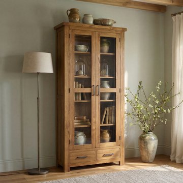 Rustic solid oak glazed display cabinet | glass doors