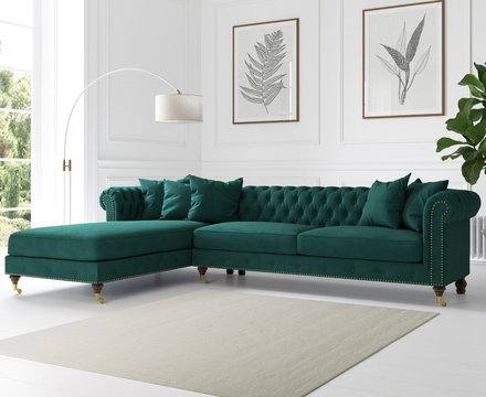 Chiswick extra large green velvet left facing chesterfield corner chaise sofa