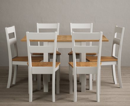 Extending hadleigh oak and signal white painted dining table with 6 oak kendal chairs