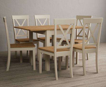 Extending hadleigh oak and cream painted dining table with 6 oak hertford chairs