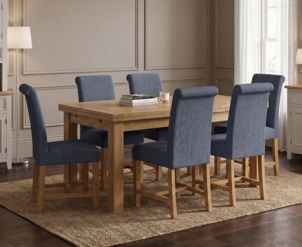 Extending buxton 140cm solid oak dining table with 6 blue braced chairs