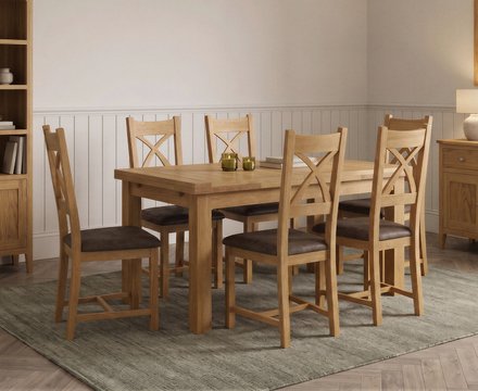 Extending buxton 140cm solid oak dining table with 6 brown natural solid oak chairs