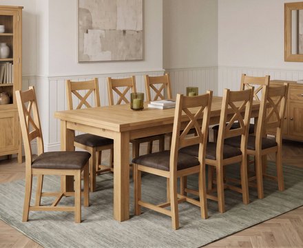Extending buxton 140cm solid oak dining table with 8 brown natural solid oak chairs