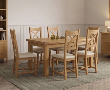 Extending buxton 140cm solid oak dining table with 6 linen natural solid oak chairs