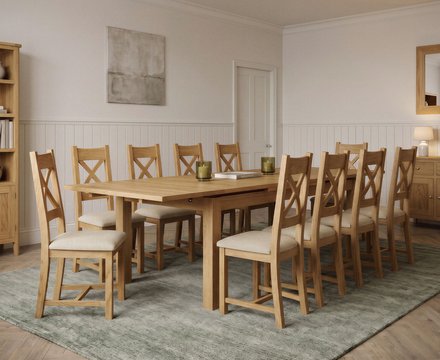 Extending buxton 140cm solid oak dining table with 10 linen natural solid oak chairs