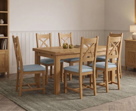 Extending buxton 140cm solid oak dining table with 6 blue natural solid oak chairs