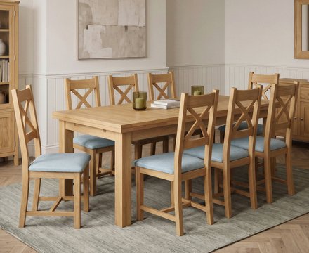Extending buxton 140cm solid oak dining table with 8 blue natural solid oak chairs