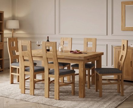 Extending buxton 140cm solid oak dining table with 6 charcoal grey natural chairs