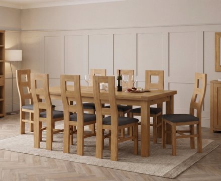 Extending buxton 140cm solid oak dining table with 8 charcoal grey natural chairs