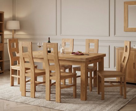 Extending buxton 140cm solid oak dining table with 6 oak natural chairs