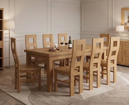 Extending buxton 140cm solid oak dining table with 8 oak natural chairs