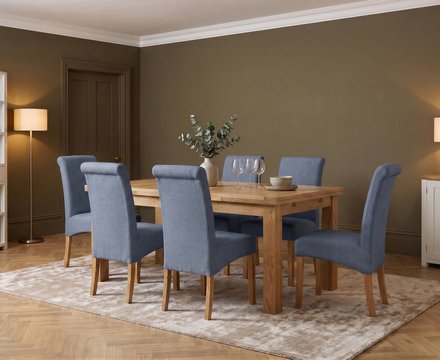 Extending buxton 140cm solid oak dining table with 6 blue scroll back chairs