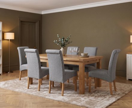 Extending buxton 140cm solid oak dining table with 6 grey scroll back chairs