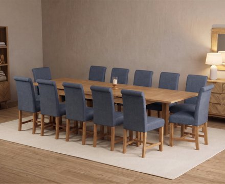 Extending buxton 180cm solid oak dining table with 12 blue braced chairs