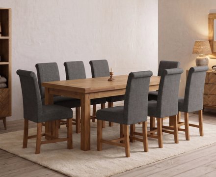 Extending buxton 180cm solid oak dining table with 8 charcoal grey braced chairs
