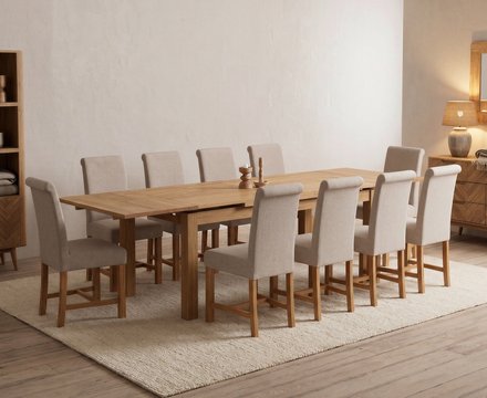 Extending buxton 180cm solid oak dining table with 10 natural braced chairs