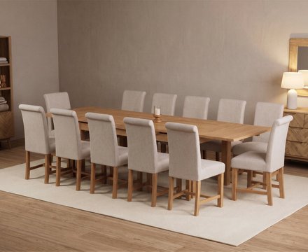 Extending buxton 180cm solid oak dining table with 12 natural braced chairs