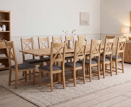 Extending buxton 180cm solid oak dining table with 12 charcoal grey natural solid oak chairs