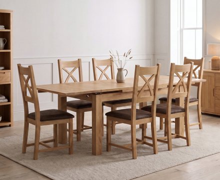 Extending buxton 180cm solid oak dining table with 6 brown natural solid oak chairs