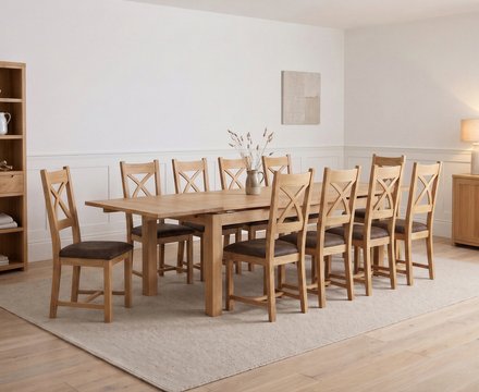 Extending buxton 180cm solid oak dining table with 10 brown natural solid oak chairs