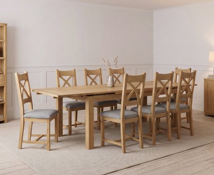 Extending buxton 180cm solid oak dining table with 8 light grey natural solid oak chairs