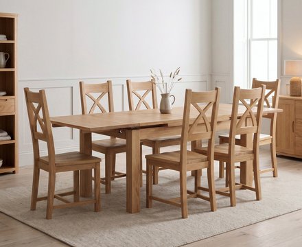Extending buxton 180cm solid oak dining table with 6 oak natural chairs