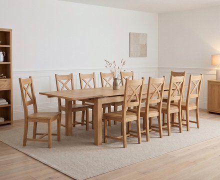 Extending buxton 180cm solid oak dining table with 10 oak natural chairs
