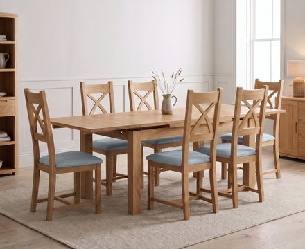 Extending buxton 180cm solid oak dining table with 6 blue natural solid oak chairs