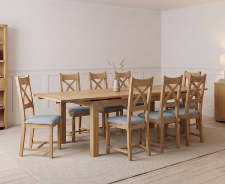 Extending buxton 180cm solid oak dining table with 8 blue natural solid oak chairs