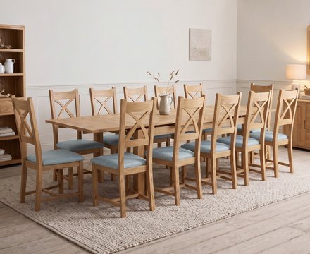 Extending buxton 180cm solid oak dining table with 12 blue natural solid oak chairs