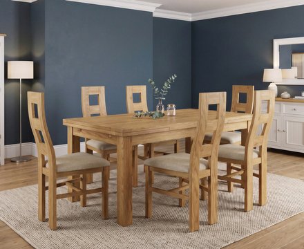 Extending buxton 180cm solid oak dining table with 6 linen natural chairs