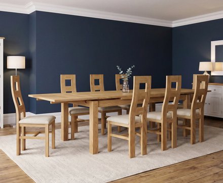 Extending buxton 180cm solid oak dining table with 8 linen natural chairs