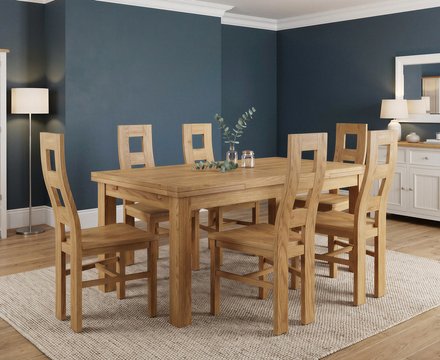 Extending buxton 180cm solid oak dining table with 6 oak natural chairs