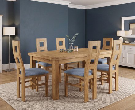 Extending buxton 180cm solid oak dining table with 6 blue natural chairs