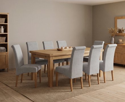 Extending buxton 180cm solid oak dining table with 8 grey scroll back chairs